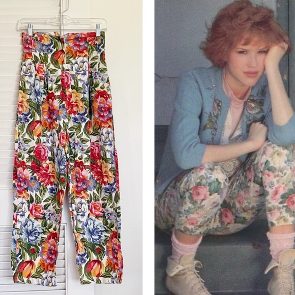 Vintage 90s Floral Cotton High-Waisted Trousers - Picture 10 of 10